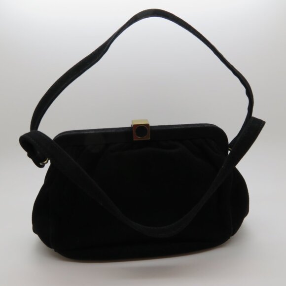 Vintage Handheld Black Suede Velvet Purse Bag Evening Top Handle Gold Clasp - Picture 11 of 12